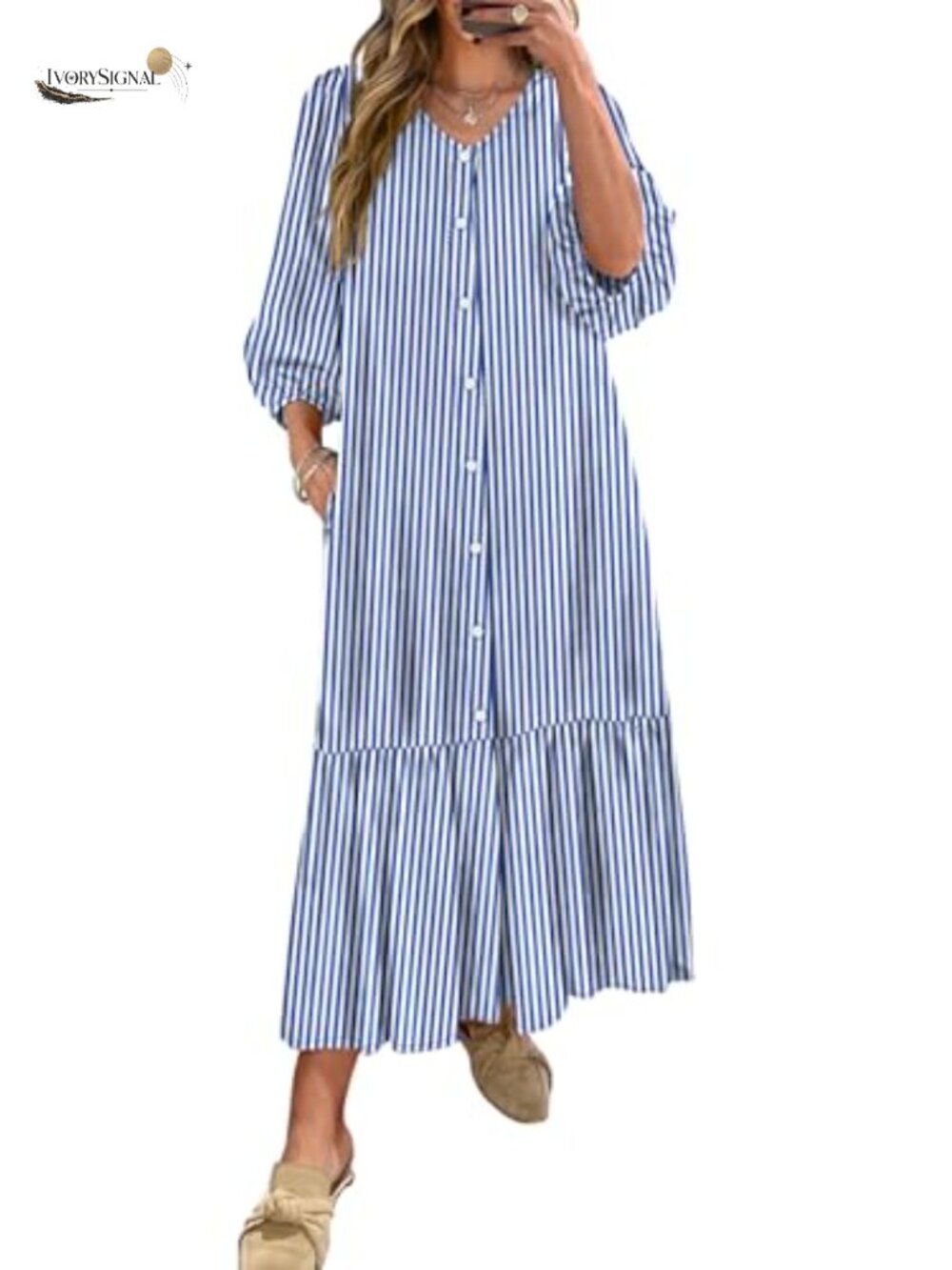 Boho Floral 3/4 Puff Sleeve Maxi Dress Button Front Pockets